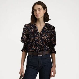 NWOT Ralph Lauren Floral Cotton Voile Puff-Sleeve Blouse Navy Multi Size Medium